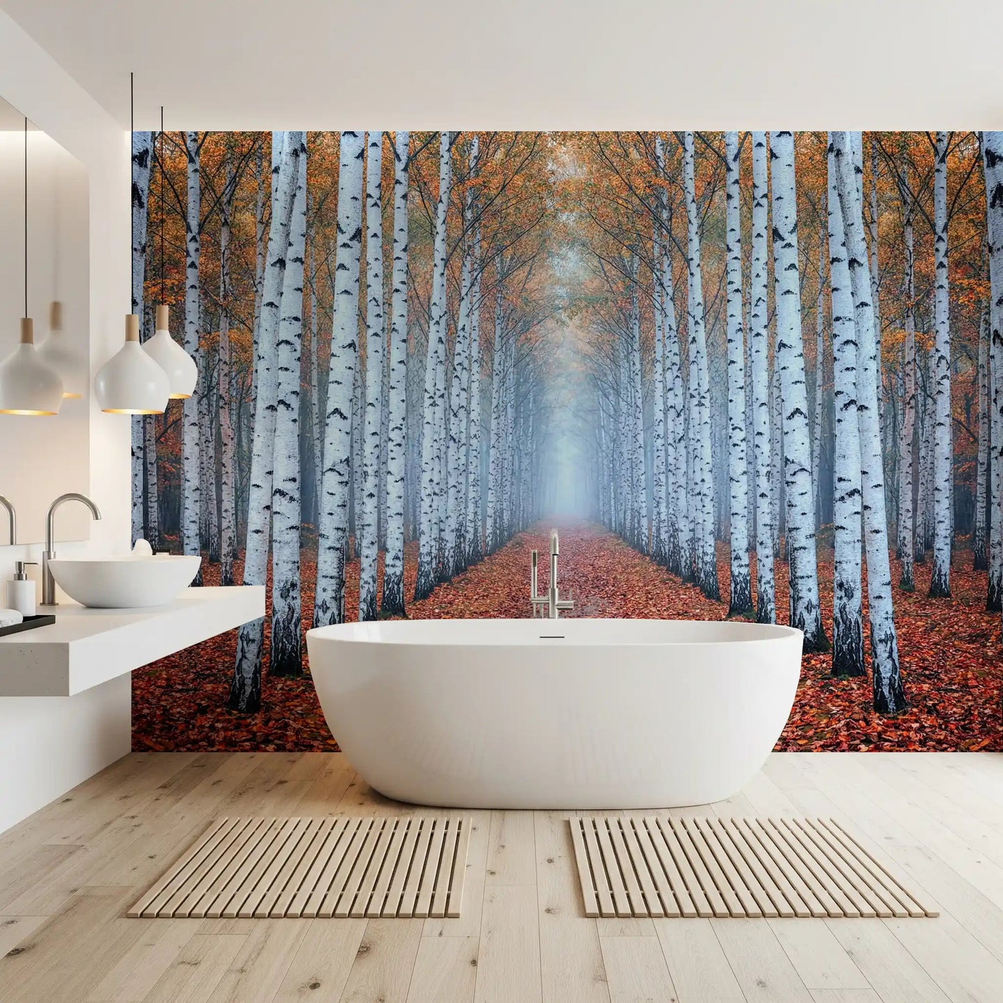 Scenic birch tree mural with soft fog and autumn tones