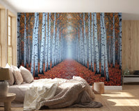 Autumn woodland mural with white trees and pathway
