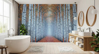 Bathroom forest mural with white birch trees and leaves