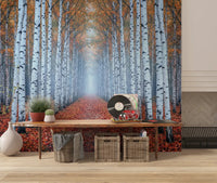 Ethereal Autumn Birches wall mural with forest path