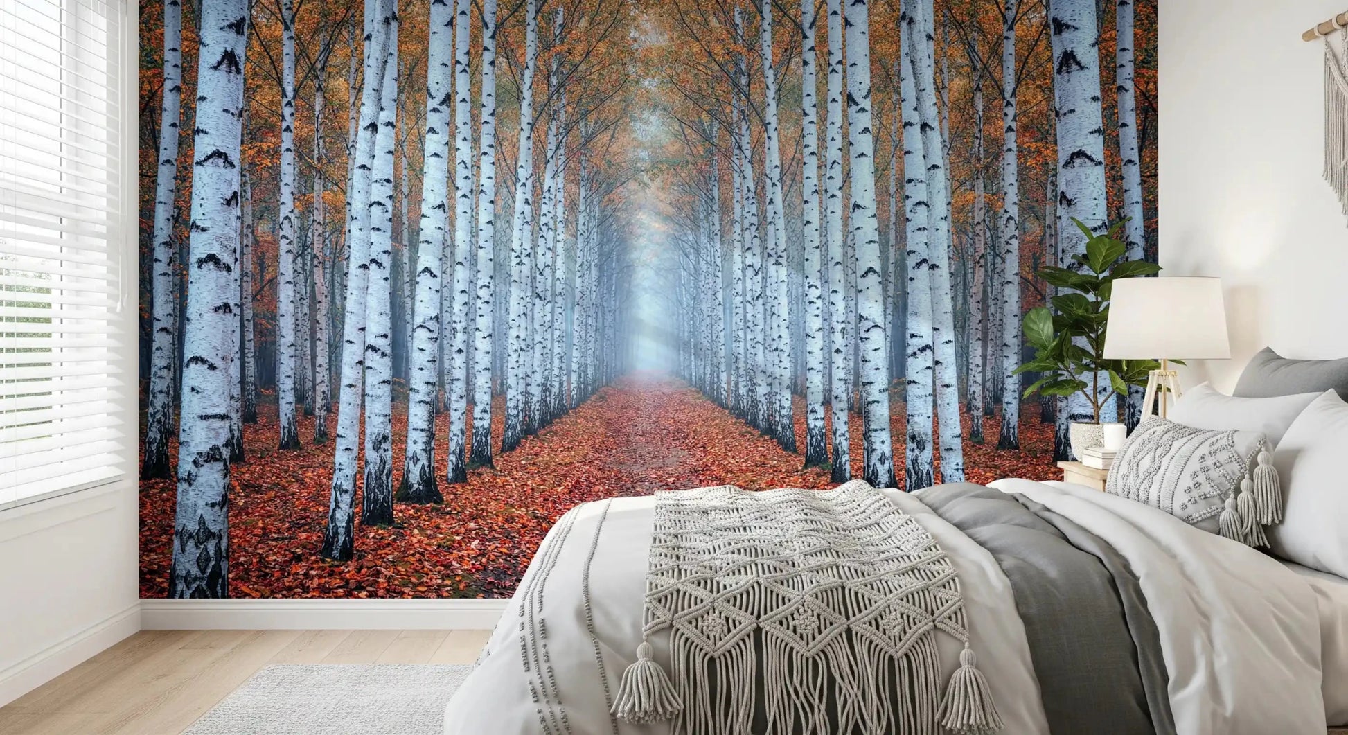 Nature forest mural with birch trunks and fallen leaves