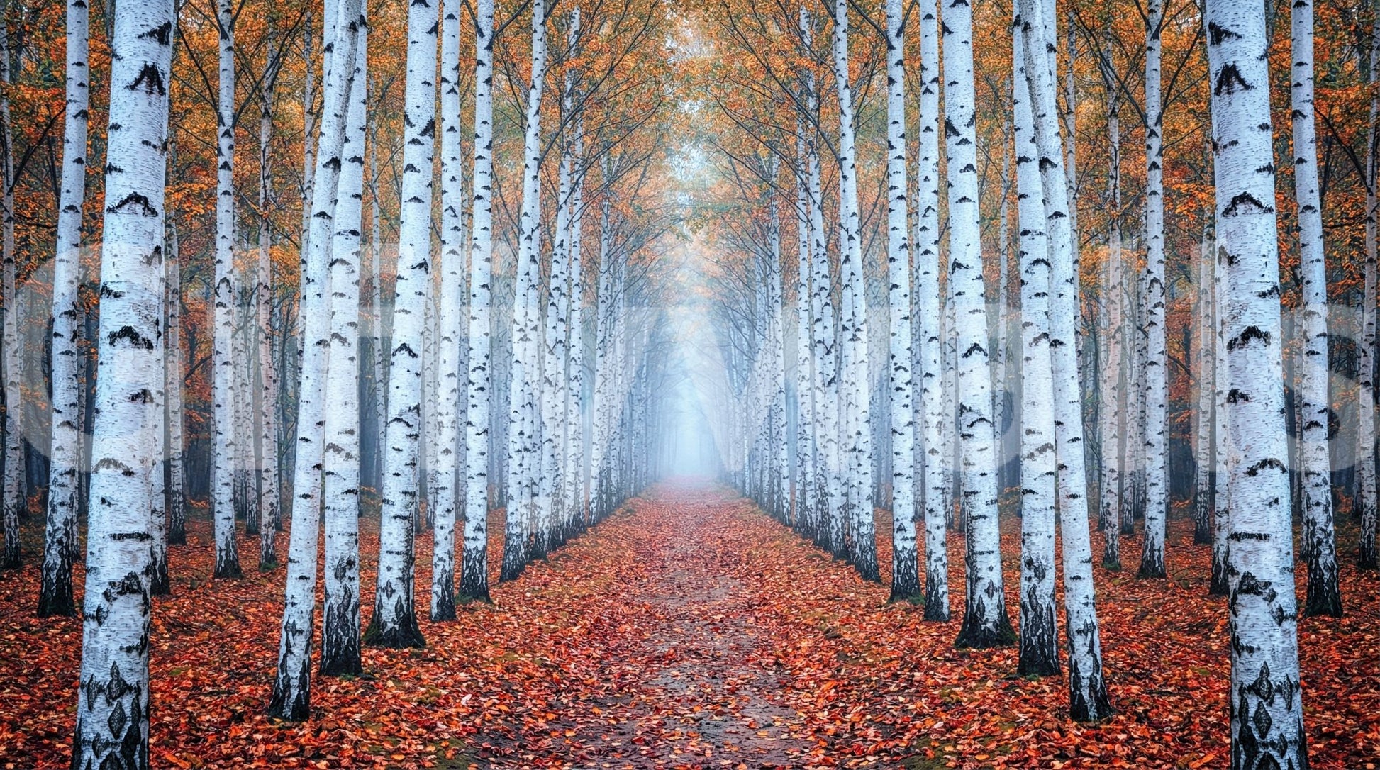Autumn leaves mural with birch forest perspective