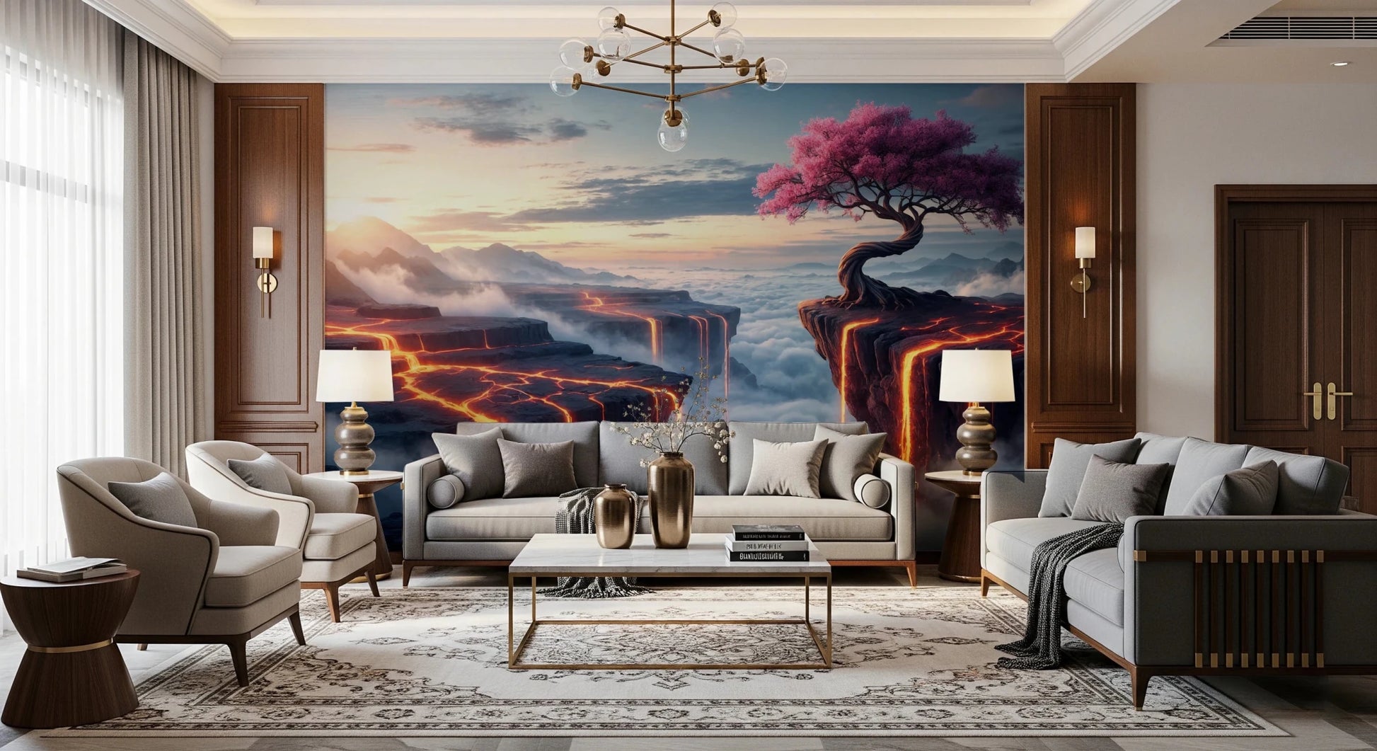 Ethereal Bloomscape wallpaper mural behind grey sofas under a gold sputnik chandelier in a formal living room