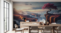 Ethereal Bloomscape wallpaper mural behind a wood dining table and chairs with a black mushroom lamp