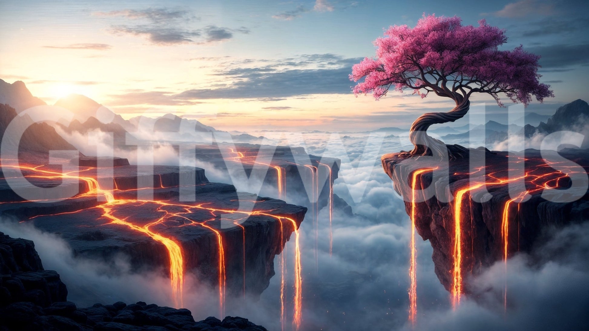 Ethereal Bloomscape wallpaper mural shown as a full-wall pink blossom tree on a cliff above glowing lava canyons