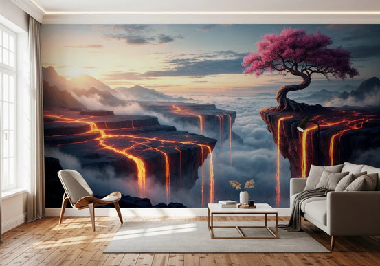 Ethereal Bloomscape wallpaper mural of a pink tree over lava canyons behind a beige sofa and accent chair