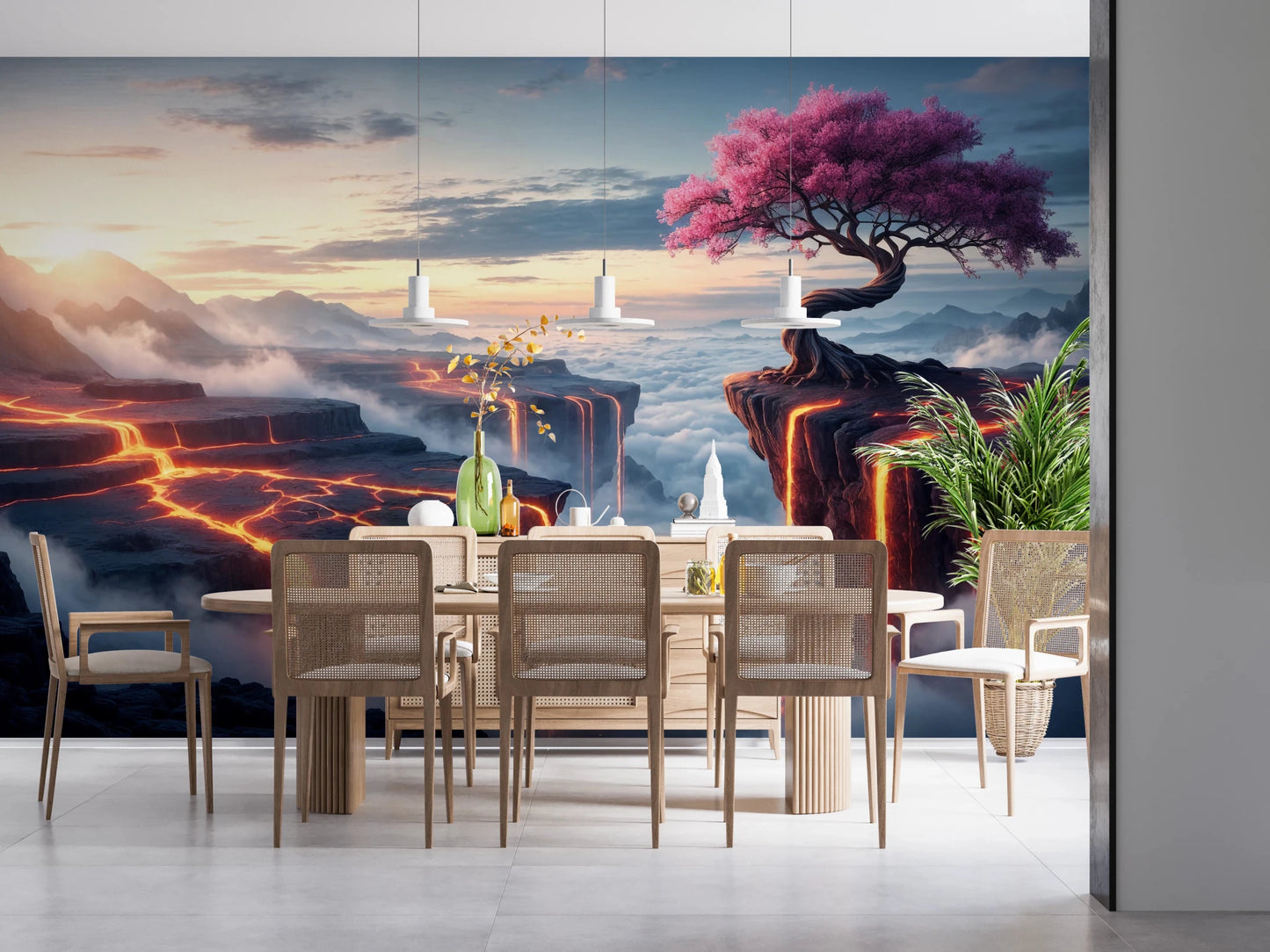 Ethereal Bloomscape wallpaper mural behind a wood dining table and cane chairs under white pendant lights