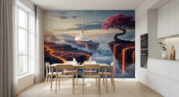 Ethereal Bloomscape wallpaper mural behind a wood dining table by a white kitchen with a pendant lamp