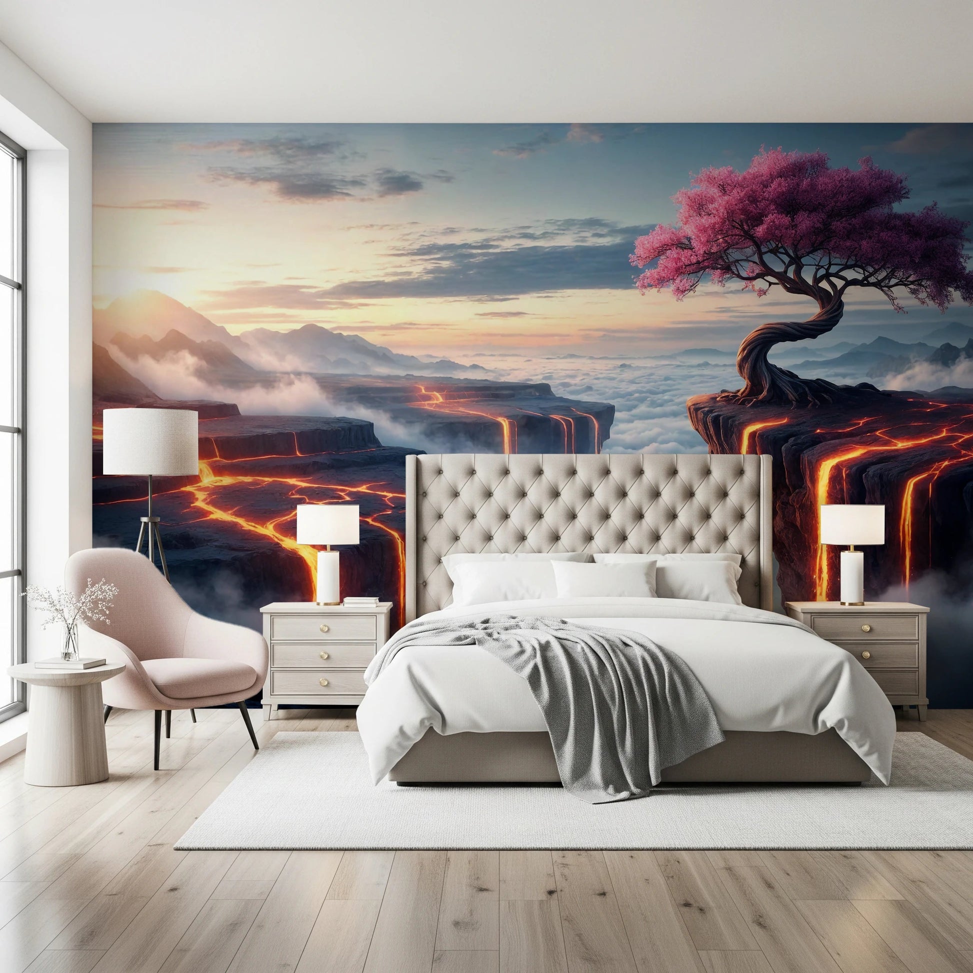 Ethereal Bloomscape wallpaper mural behind a cream tufted bed with grey nightstands and a pink chair