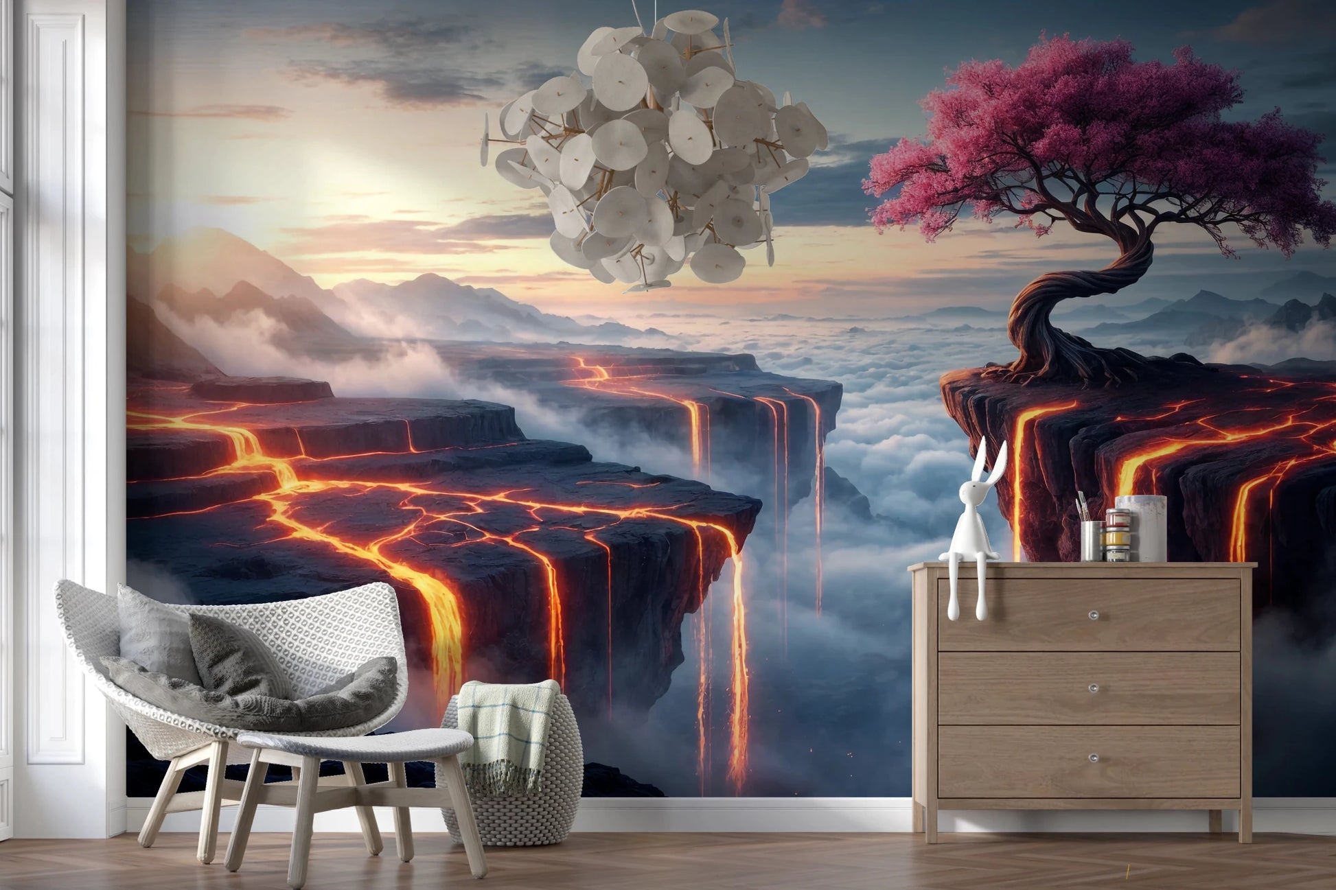 Ethereal Bloomscape wallpaper mural behind a white egg chair and wood dresser under a capiz chandelier