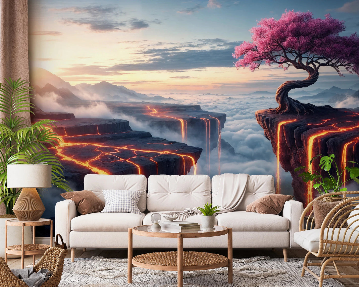 Ethereal Bloomscape wallpaper mural behind a white sofa and rattan chair with a potted palm in a living room