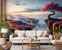 Ethereal Bloomscape wallpaper mural behind a white sofa and rattan chair with a potted palm in a living room
