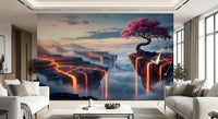 Ethereal Bloomscape wallpaper mural between two white sofas with a marble coffee table in a living room