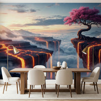 Ethereal Bloomscape wallpaper mural behind a wood dining table and cream chairs between brass floor lamps