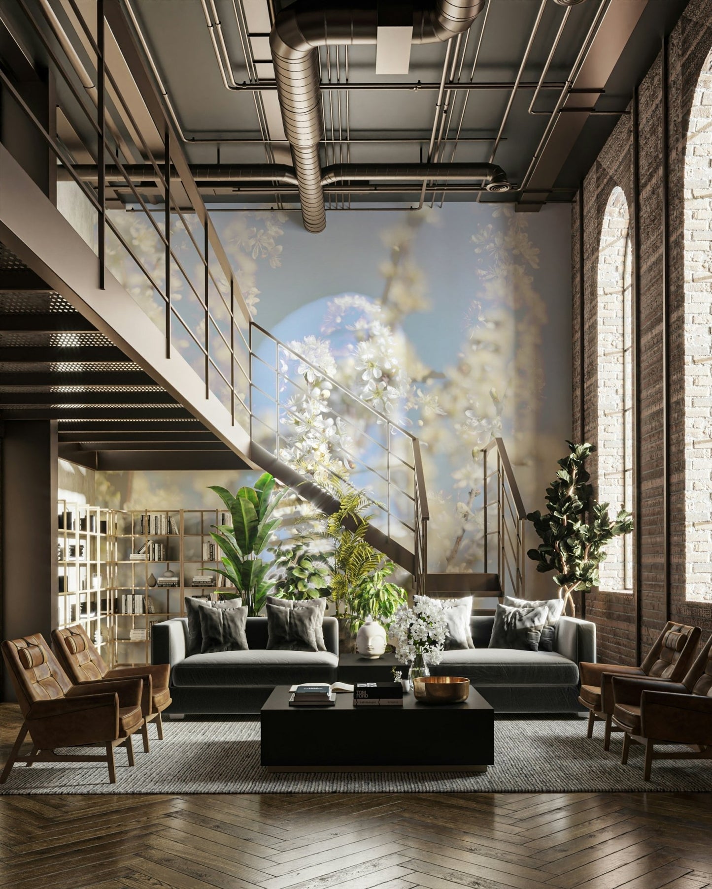 Ethereal Blossom Photography soft white floral wall mural in an industrial loft with a gray sofa and tall arched windows