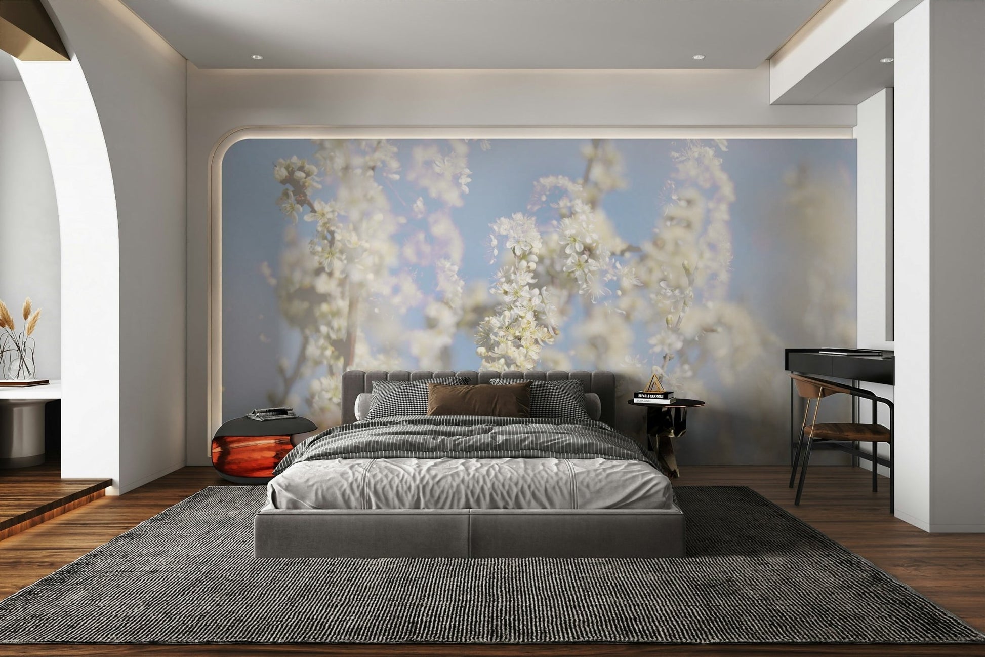 Ethereal Blossom Photography soft white floral wall mural behind a gray bed with a black desk in a modern bedroom