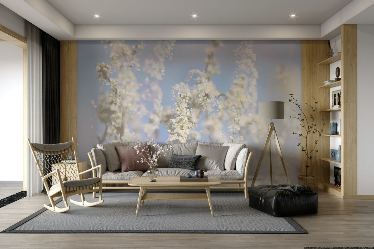 Ethereal Blossom Photography soft white floral wall mural behind a gray sofa with a wood tripod lamp and rocking chair