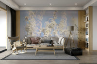 Ethereal Blossom Photography soft white floral wall mural behind a gray sofa with a wood tripod lamp and rocking chair