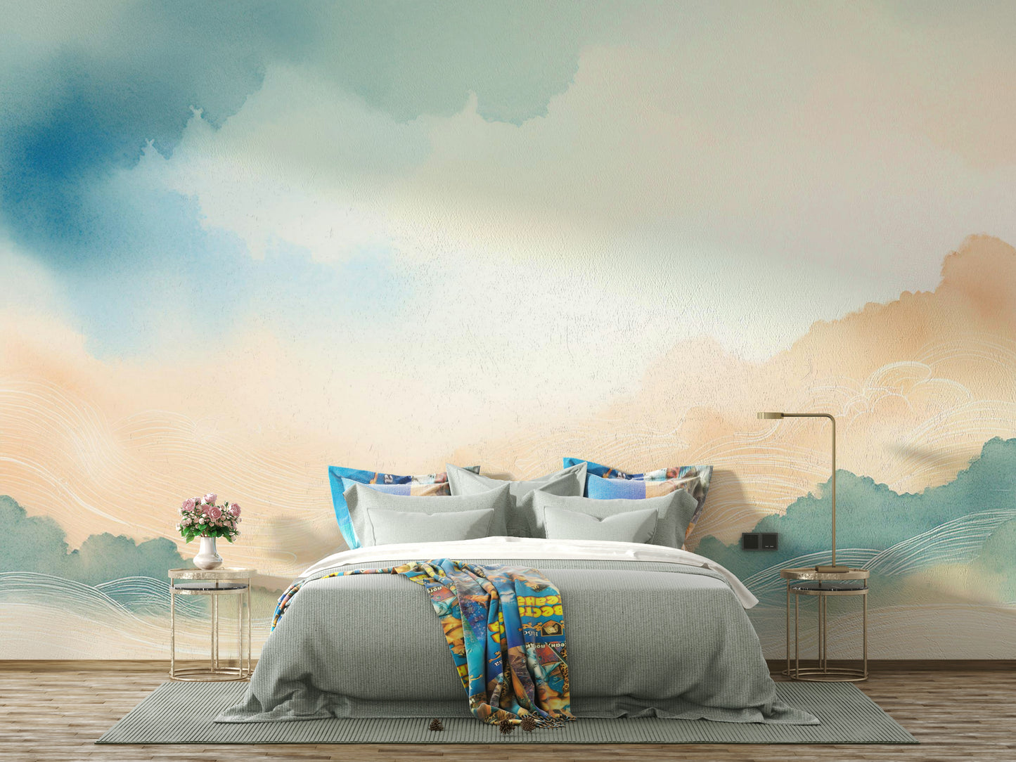 Master bedroom with soft blue and white home décor.