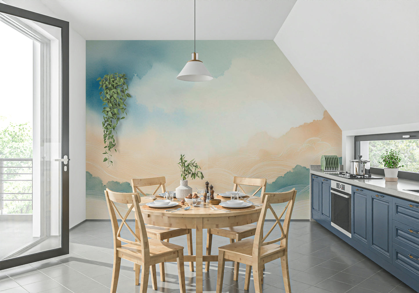 Home office with a bright sky-themed wall mural backdrop.
