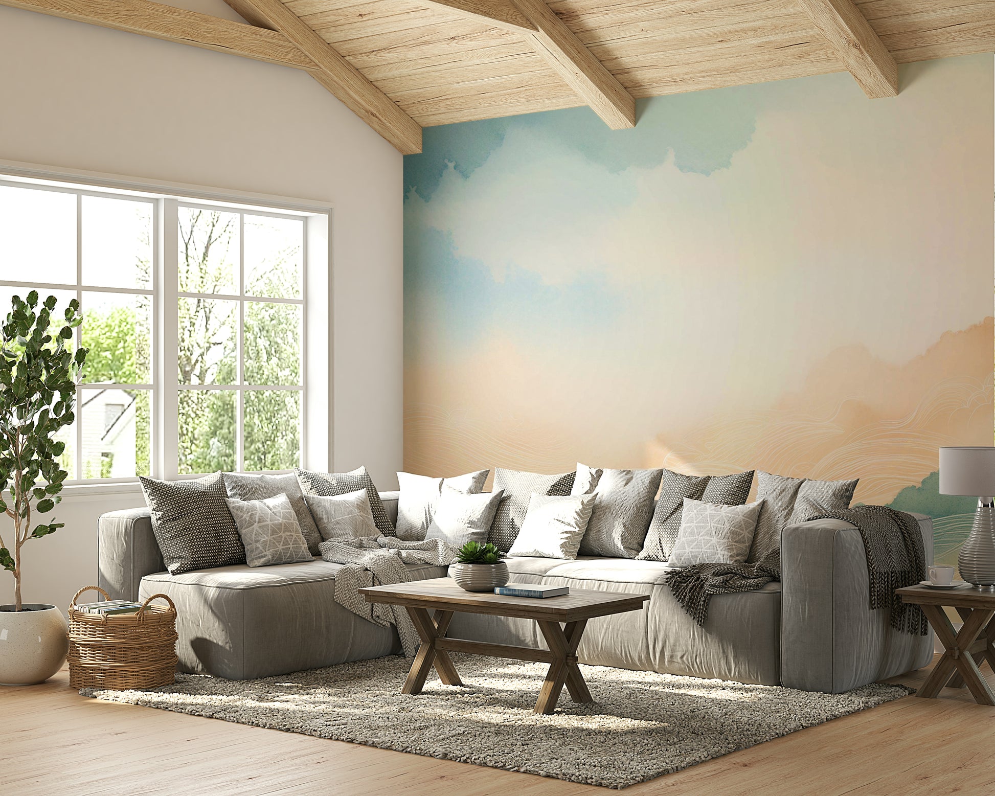Bright feature wall with a sky theme in a modern flat.