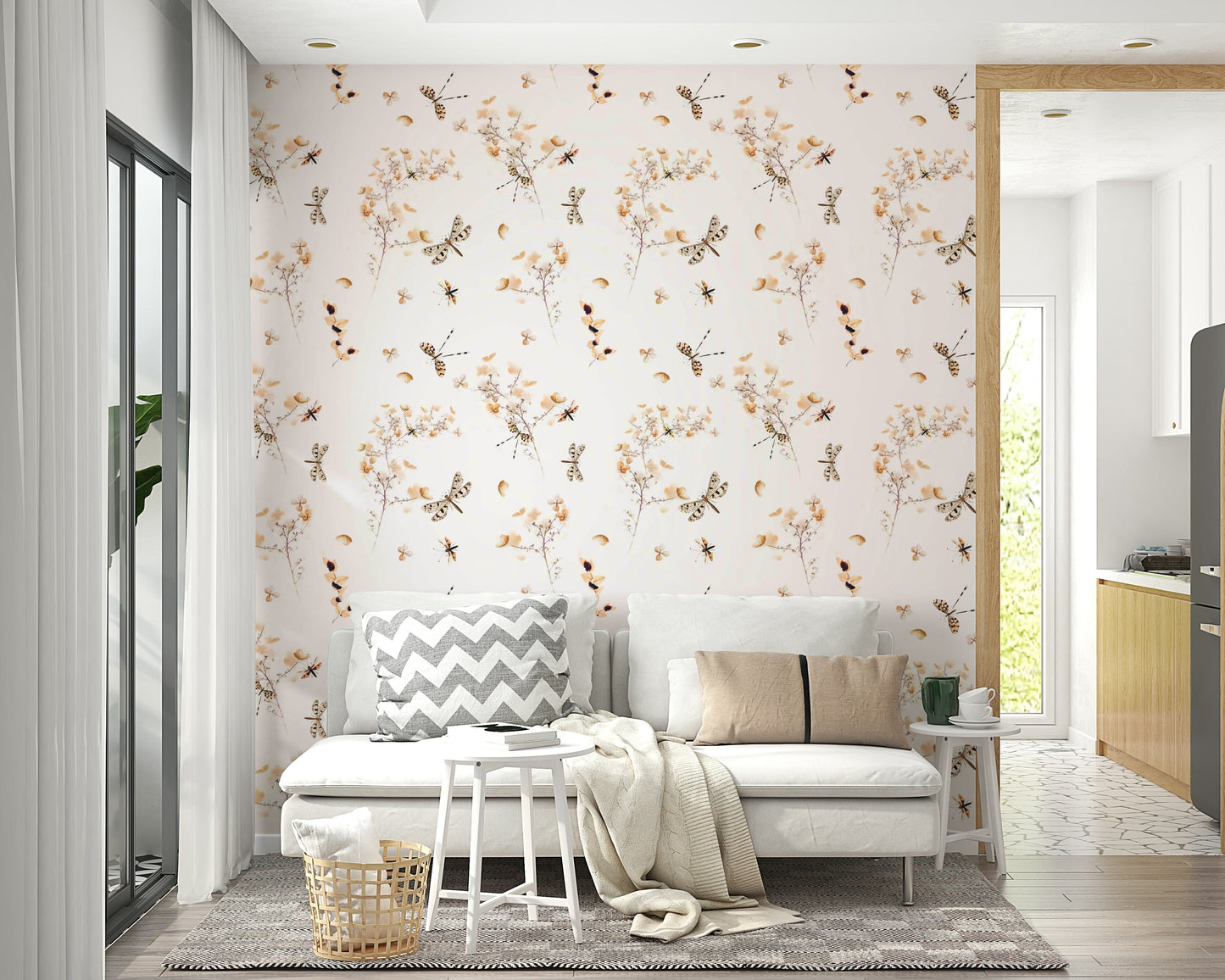 A bedroom decorated with a dragonfly mural

