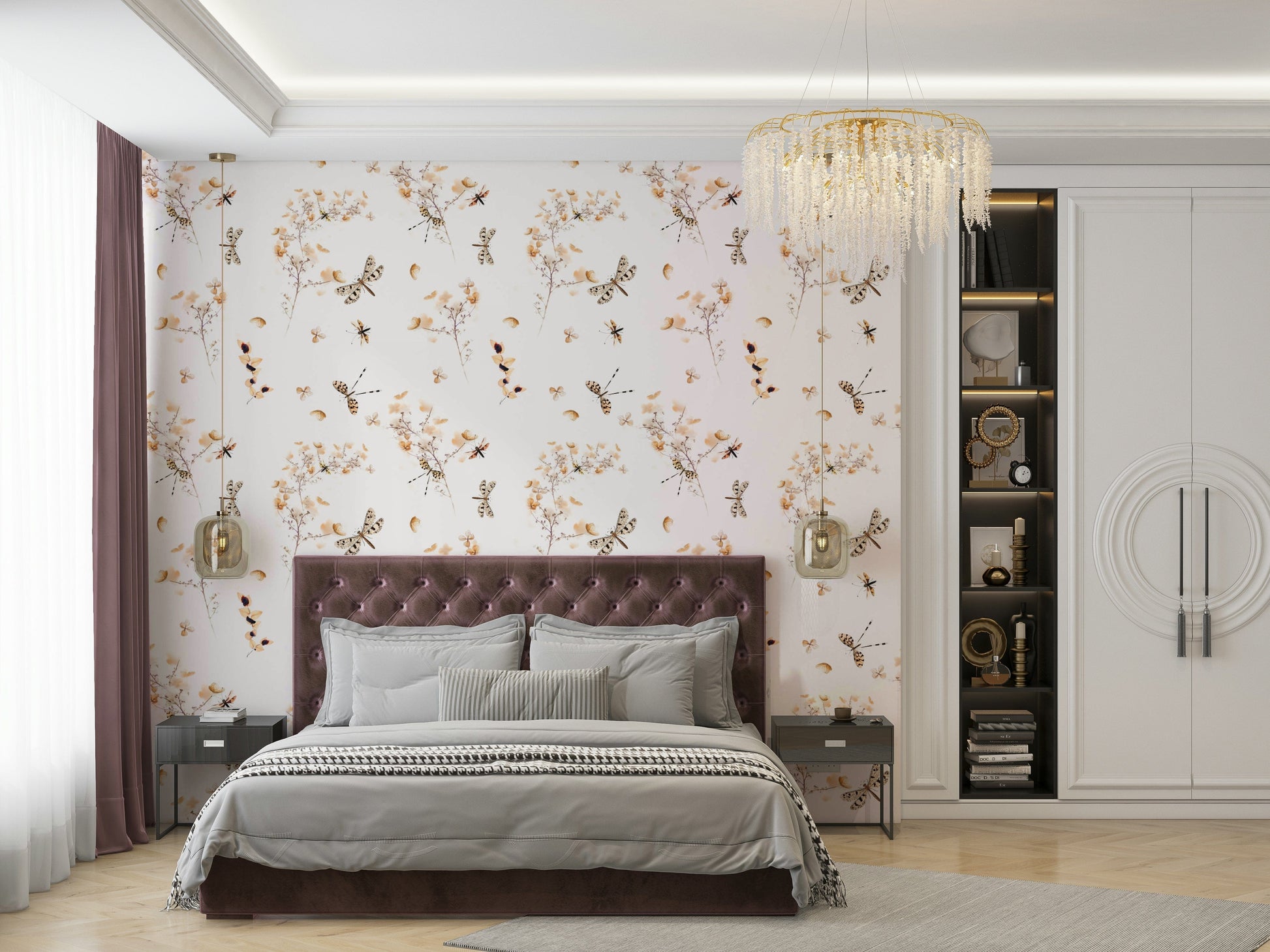 Wallpaper with dragonflies among pink and white flowers


