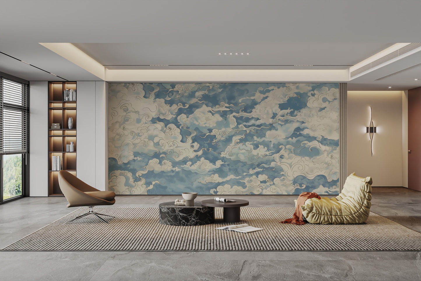 Ethereal Drift Cloud wallpaper of blue and cream skies behind a tan leather chair and beanbag lounger in a living room