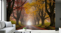 Tree-lined fall road mural on lounge wall, subtle fog, warm colors, statement feature wall