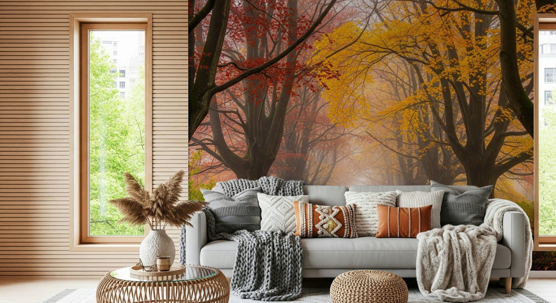 Foggy fall road mural in entryway, warm foliage tones, clean modern interior focal point