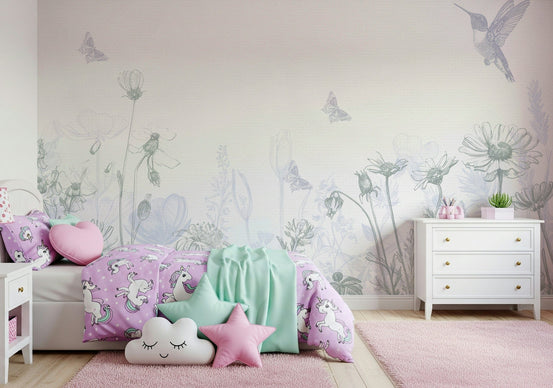 Ethereal Meadow wallpaper mural with pencil flowers and hummingbird in a girls bedroom with purple unicorn bedding