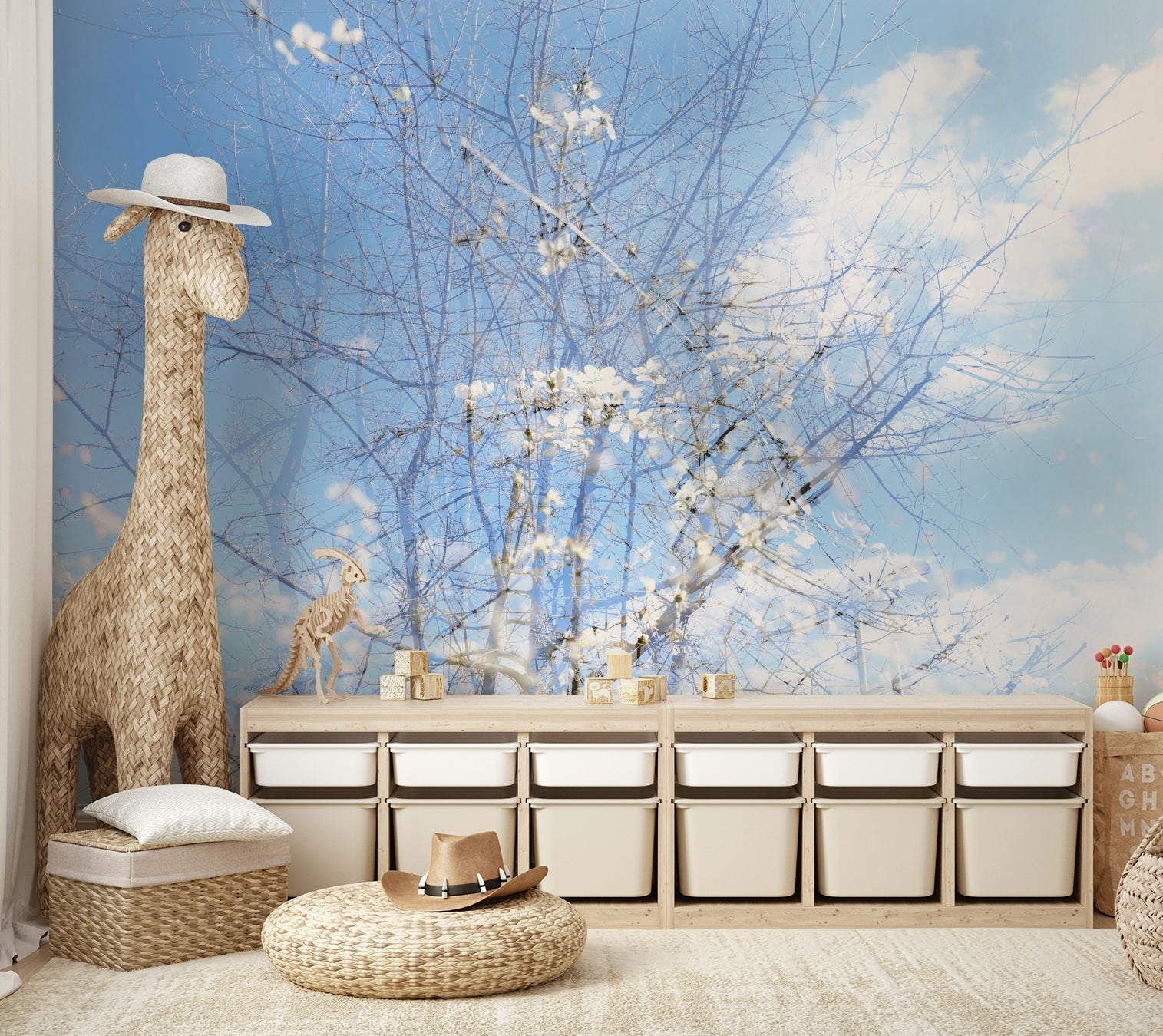 Ethereal Floral Sky Art | Serene Nature Photography | Dreamy Blossoms & Branches Wall Mural