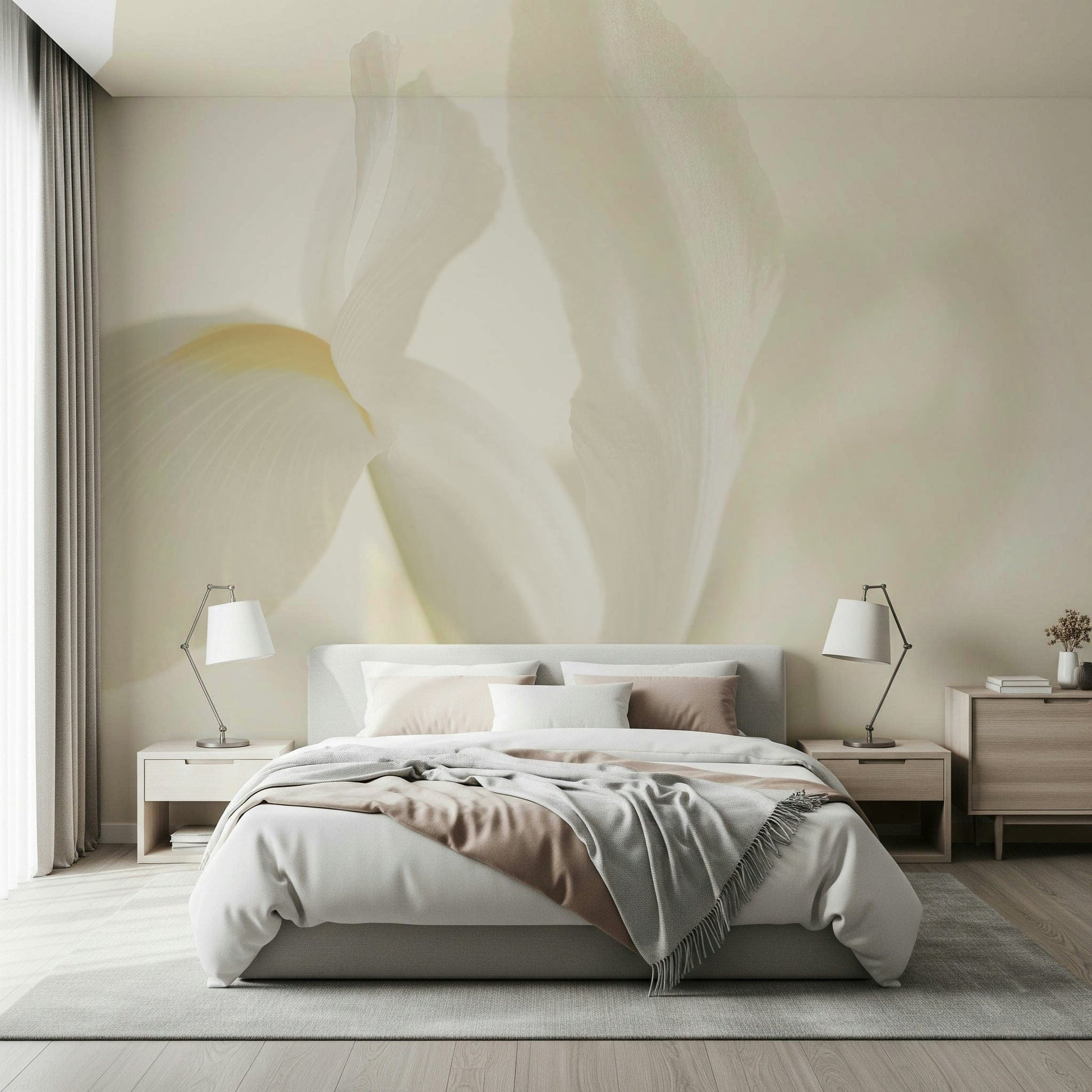 A peaceful flower design mural on decorative wallpaper.

