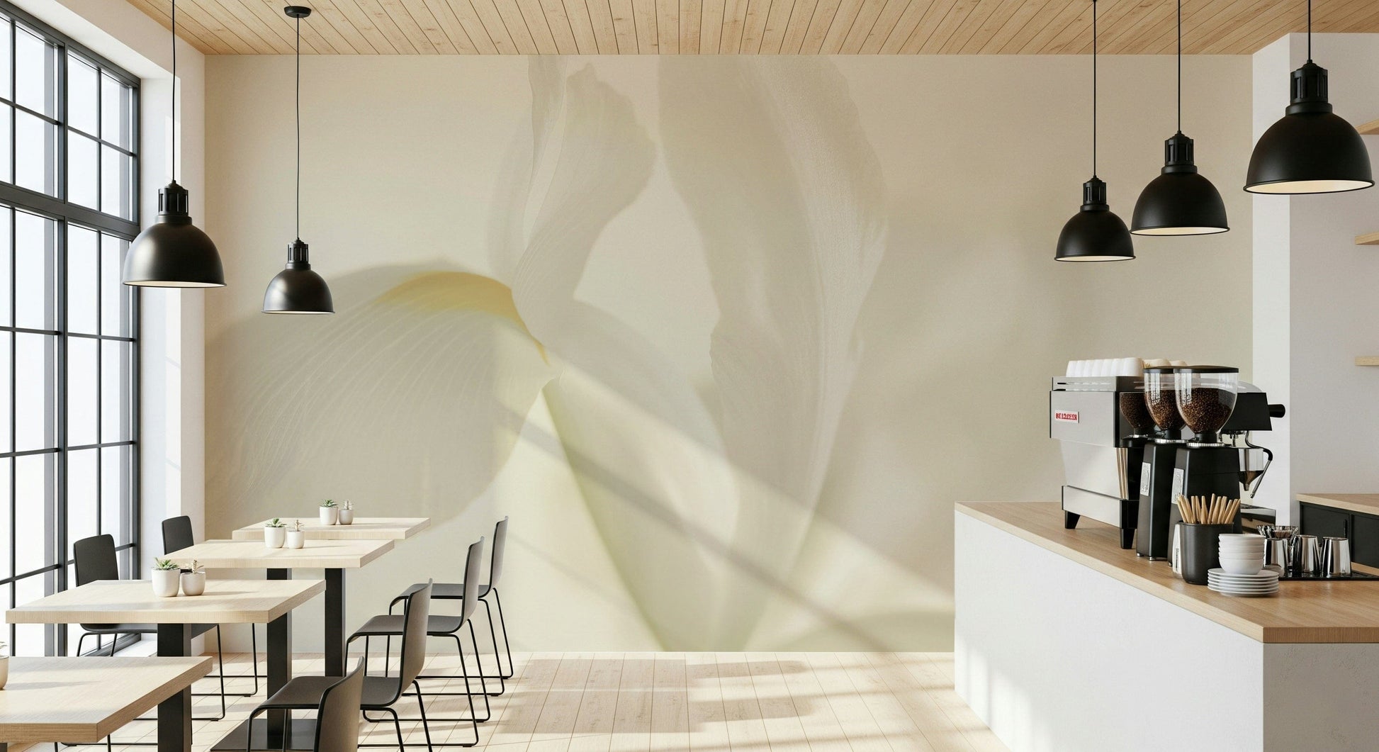 A graceful subtle bloom wall mural in cool, natural tones.

