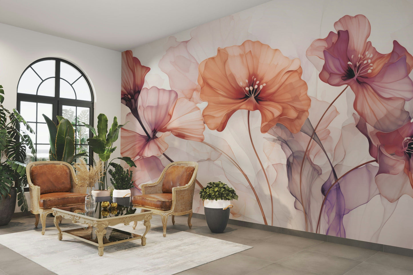 The flowers are in soft, pale colors with a subtle glow around them.
