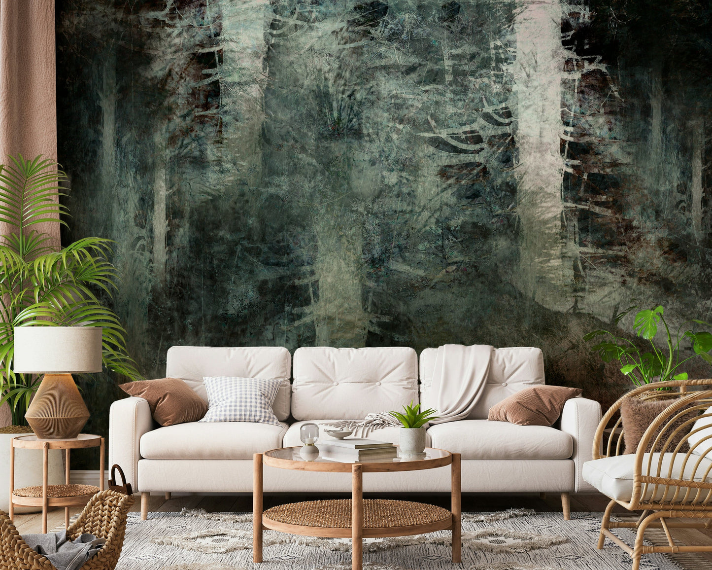 Ethereal Forest Dream wallpaper mural of misty green forest behind a cream sofa and rattan chair in a living room