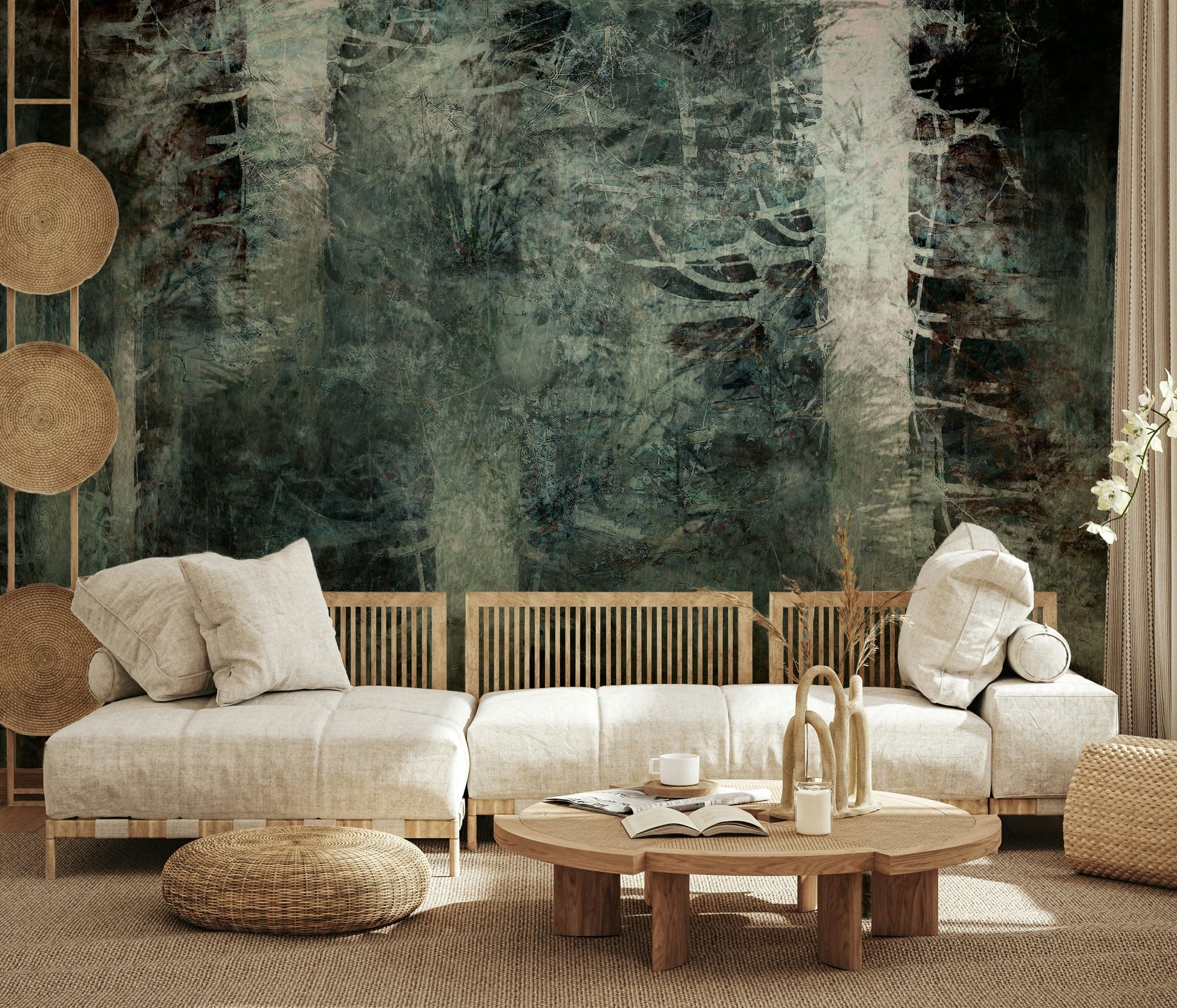 Ethereal Forest Dream wallpaper mural of dark forest behind low linen sofas in a calm Japandi living room