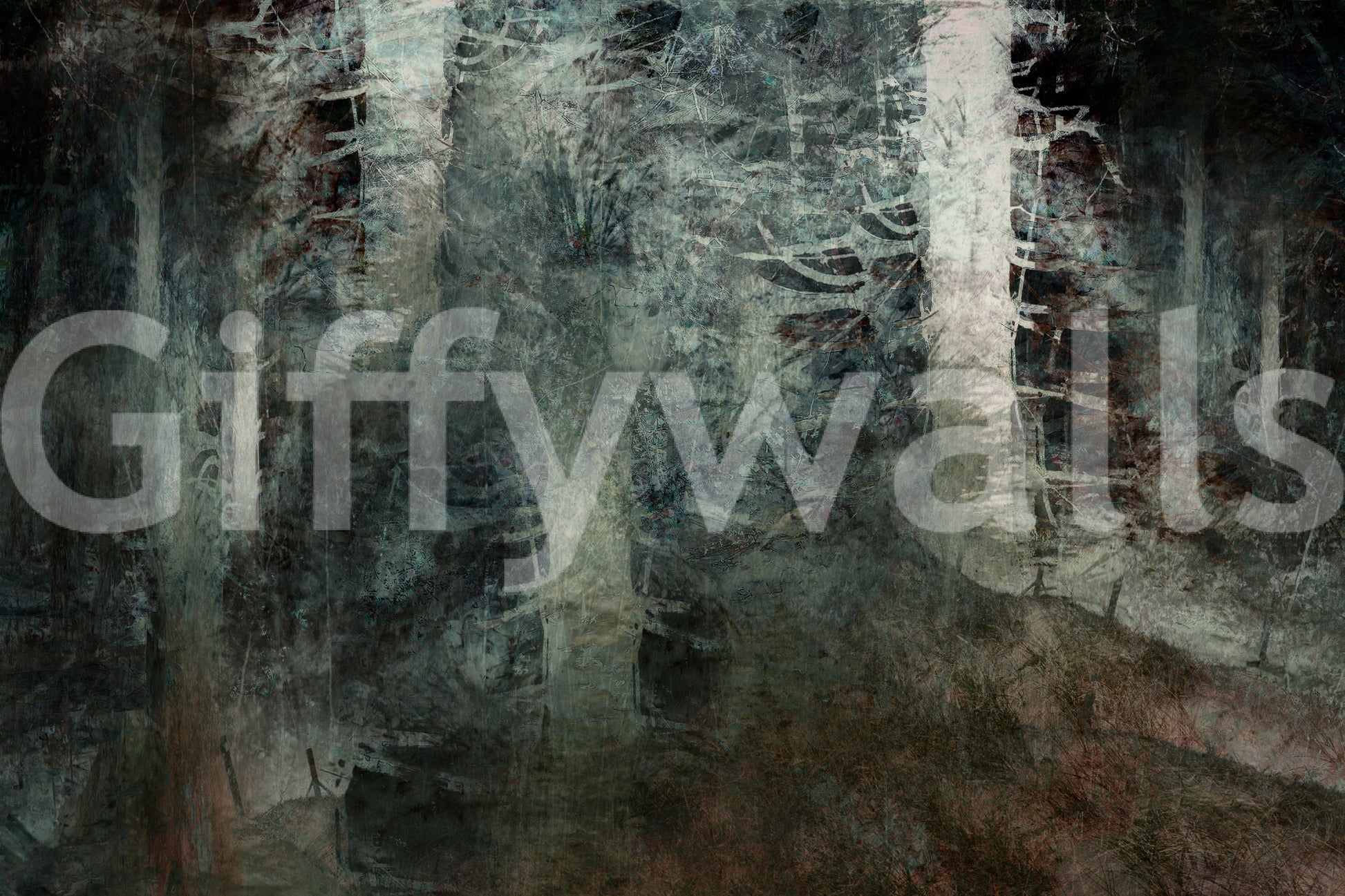 Ethereal Forest Dream wallpaper mural close-up showing painterly green forest and grunge texture detail