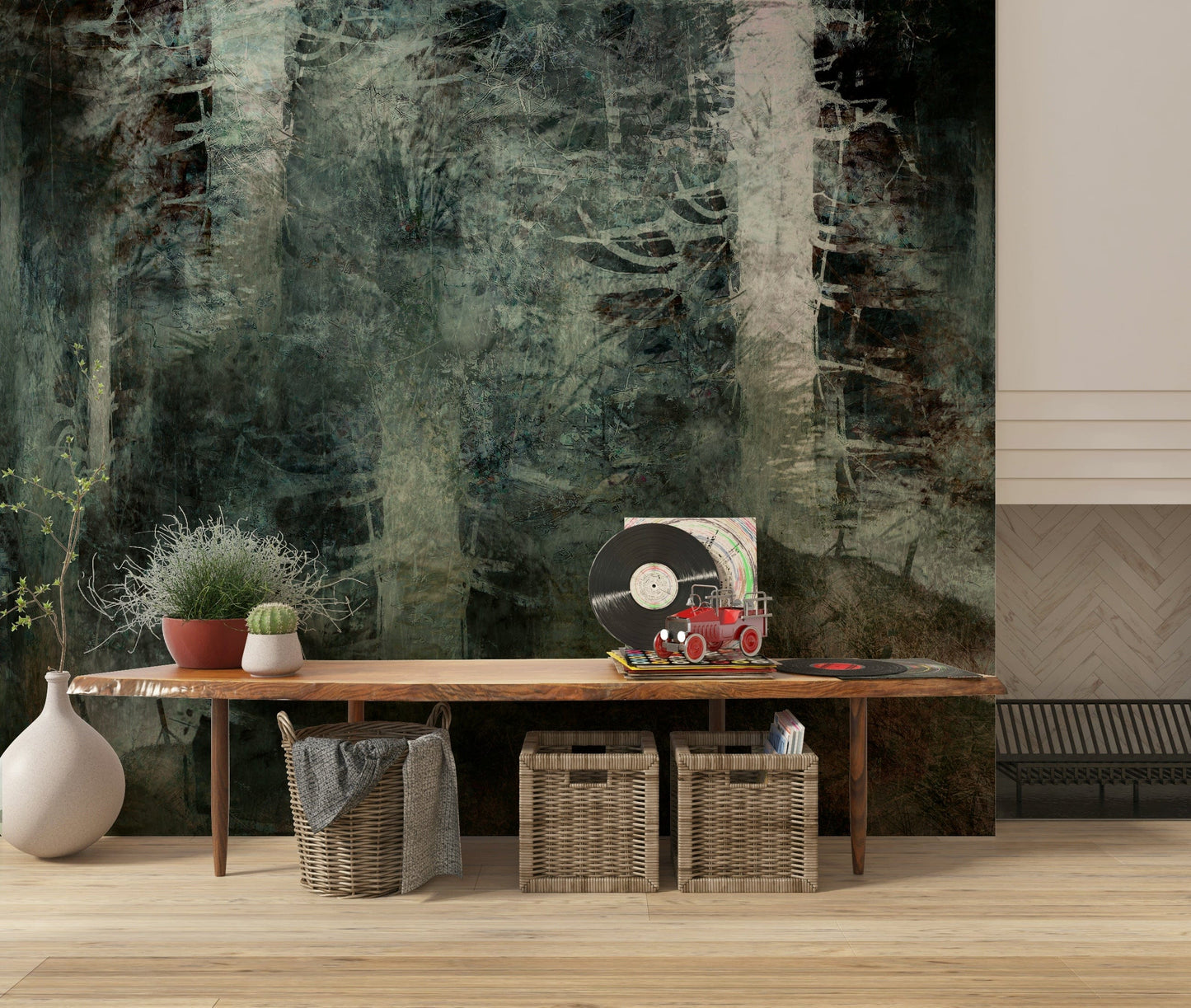 Ethereal Forest Dream wallpaper mural of shadowy woodland above a live-edge wood bench and woven baskets