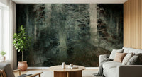 Ethereal Forest Dream wallpaper mural of abstract dark trees behind a white sofa and potted fiddle-leaf fig