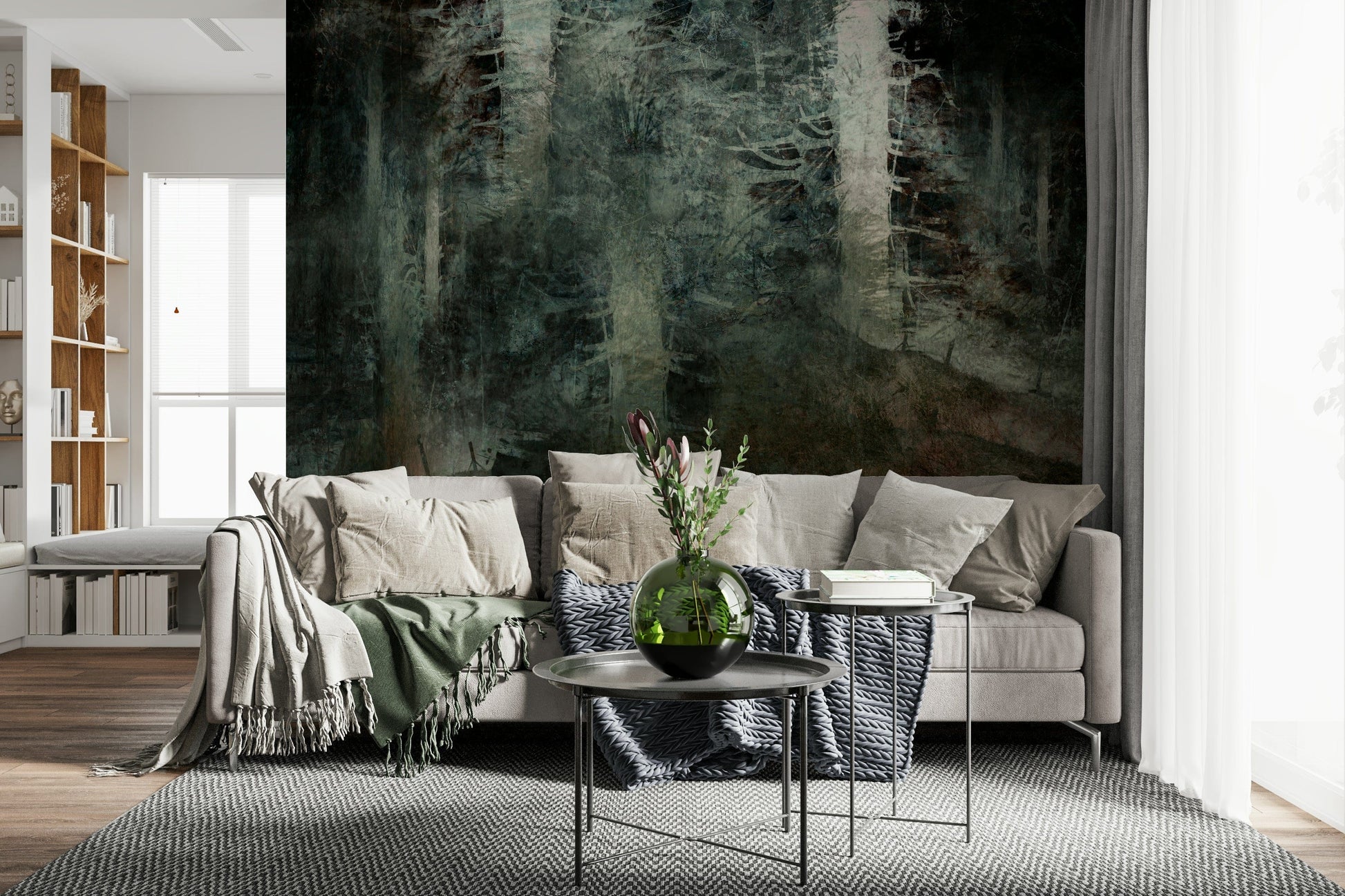 Ethereal Forest Dream wallpaper mural of moody green woodland behind a beige sectional sofa with a green throw