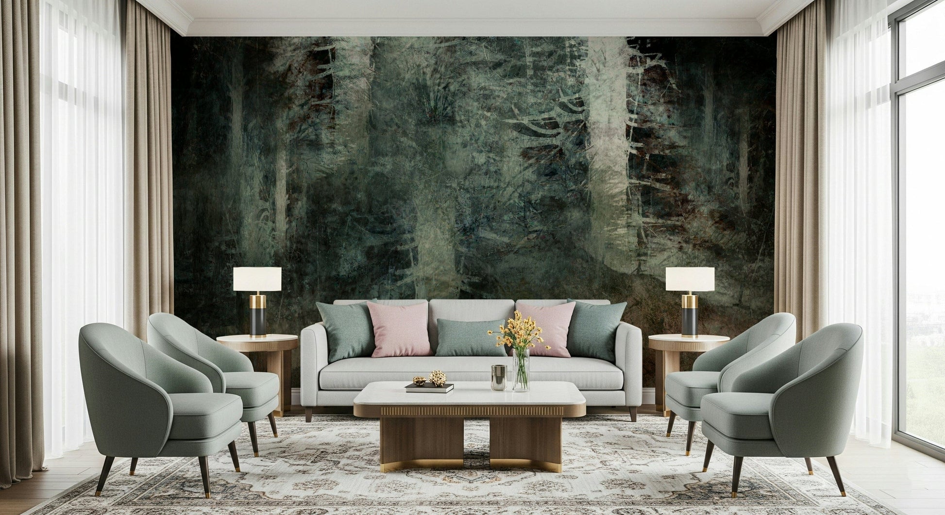 Ethereal Forest Dream wallpaper mural of misty dark trees behind a grey sofa flanked by sage green armchairs