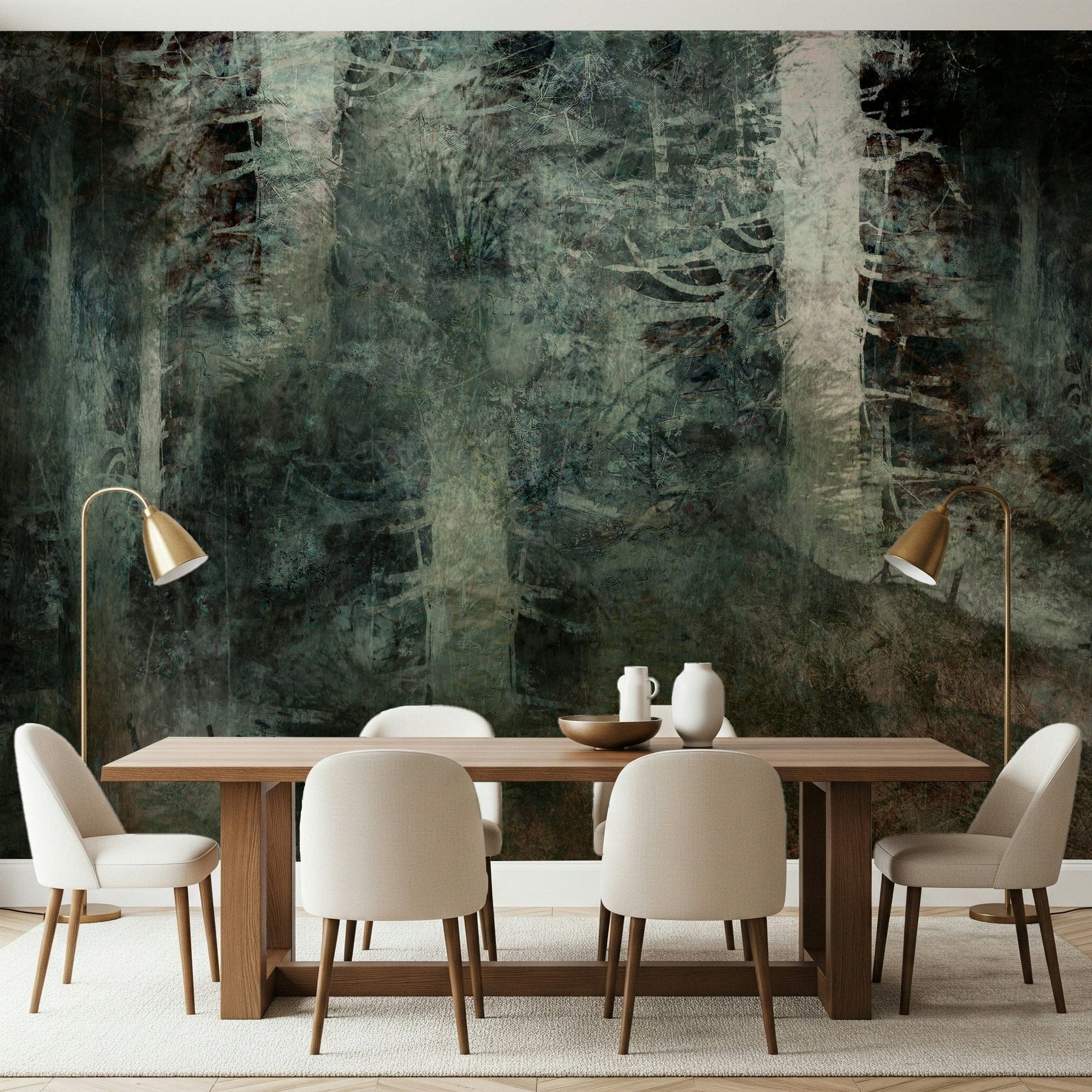 Ethereal Forest Dream wallpaper mural of a dark green painterly forest behind a wood dining table and cream chairs