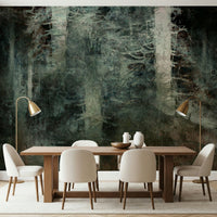 Ethereal Forest Dream wallpaper mural of a dark green painterly forest behind a wood dining table and cream chairs