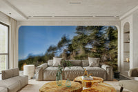 An abstract wall mural of an ethereal forest scene with blurred motion effects.

