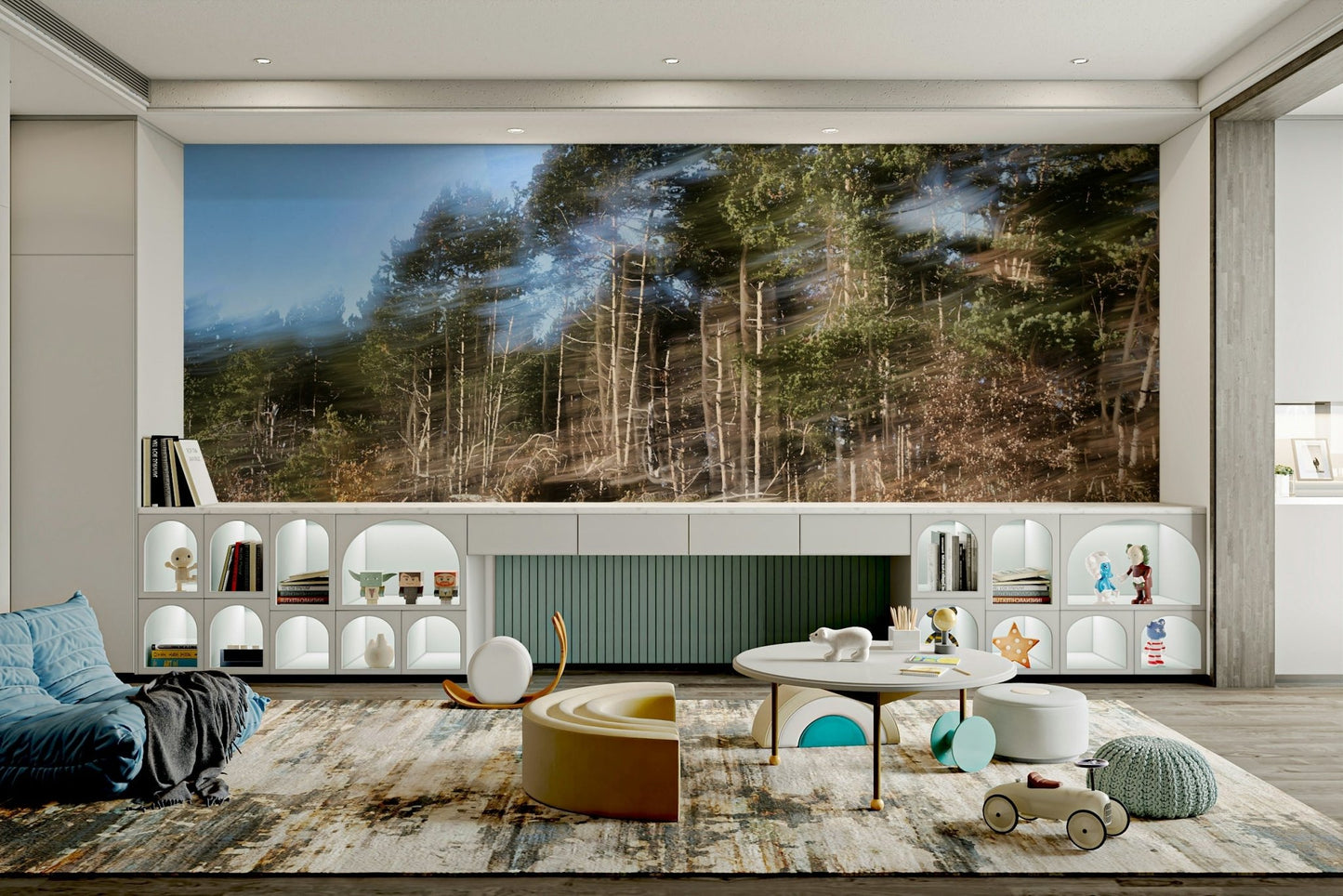 The mural shows vertical lines and soft, blending colors representing trees.

