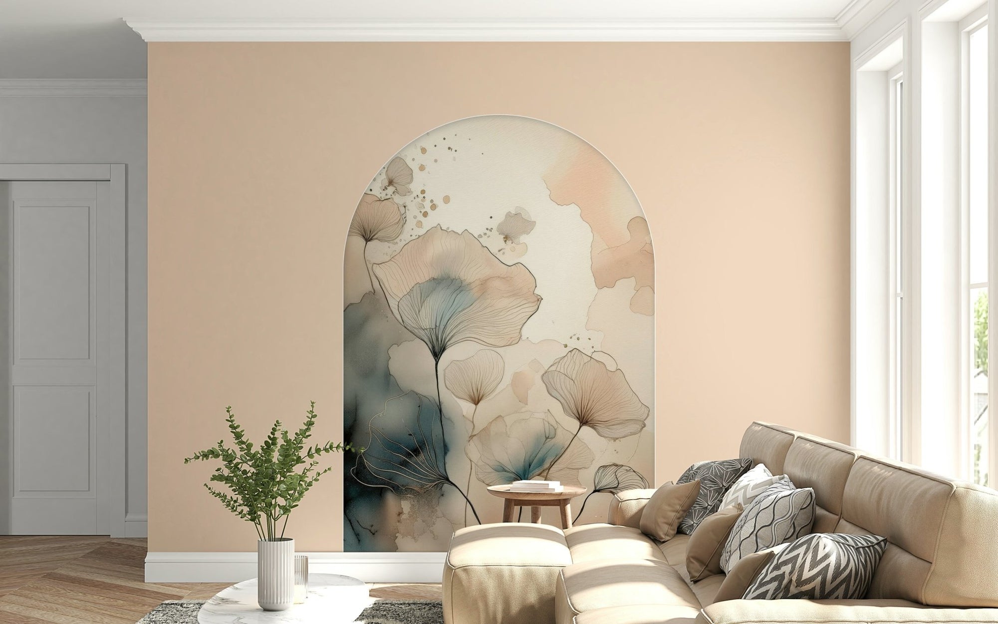 Ethereal Garden Archway wallpaper mural of blush and teal watercolor blooms behind a beige sectional sofa in a living room