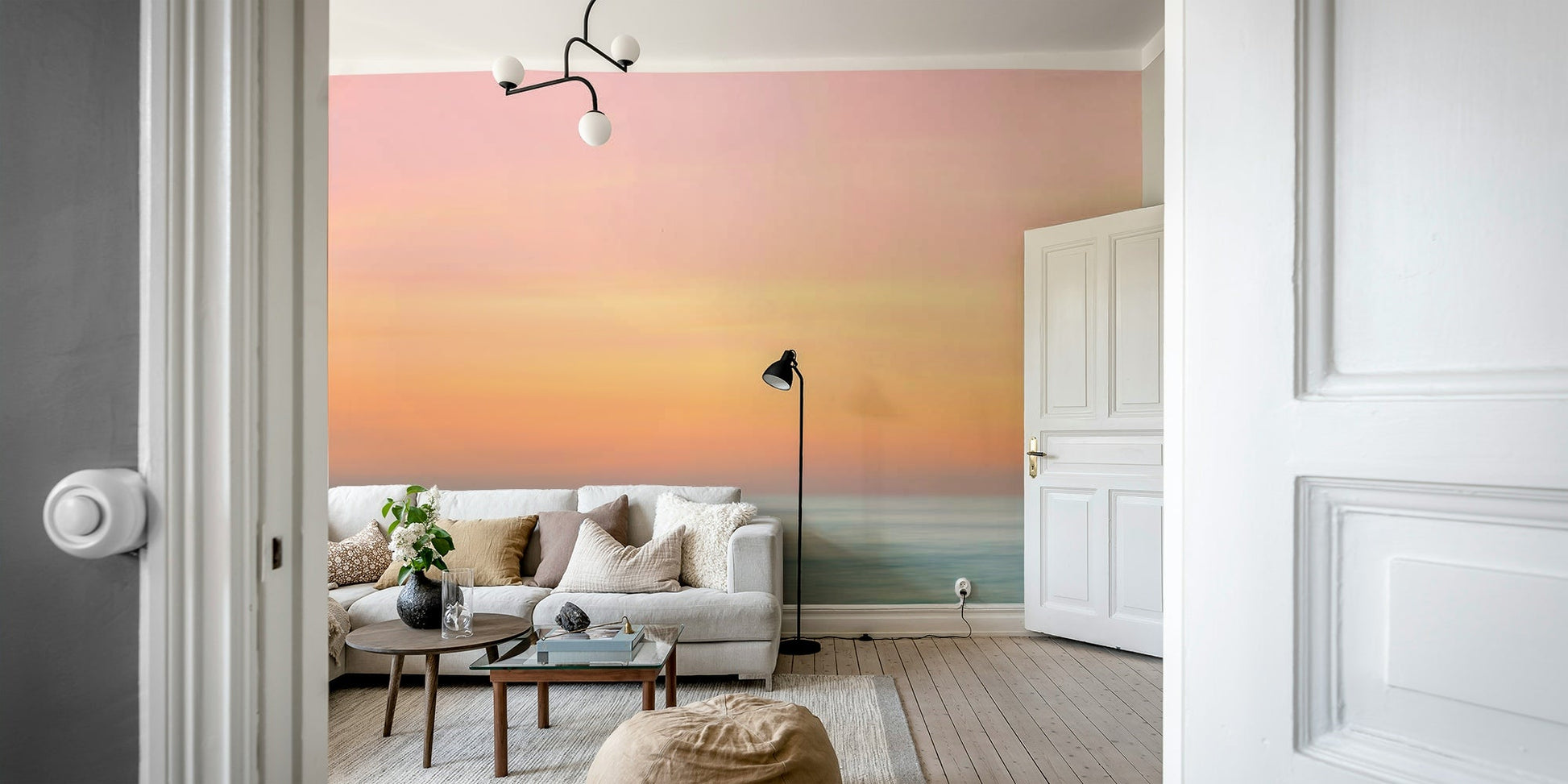 Soft gradient of pink, orange, and blue hues

