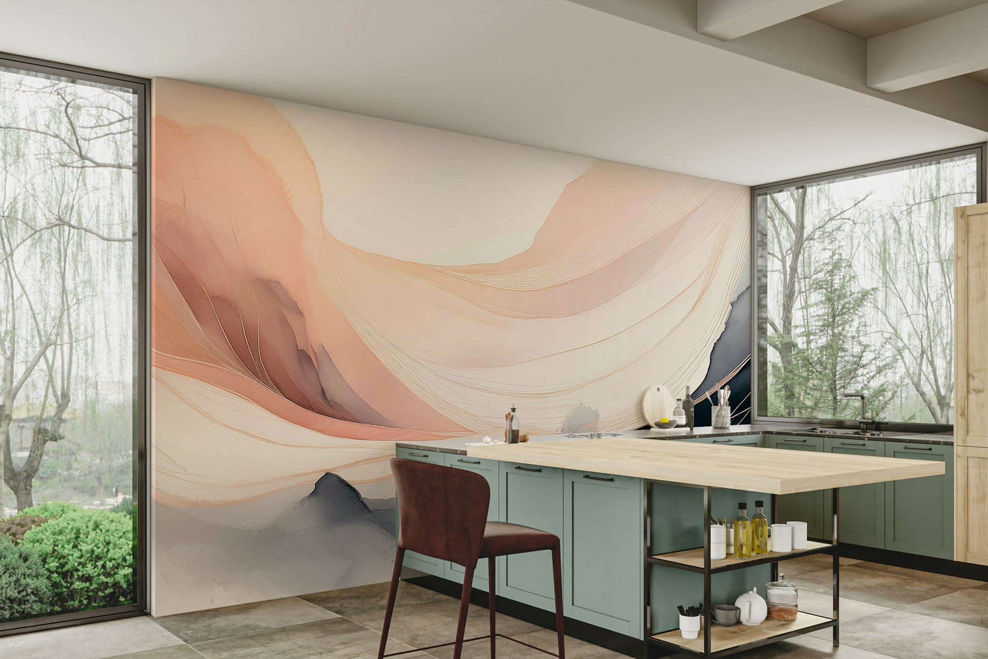 Close-up of the textured watercolor effect on a high-quality wall mural.