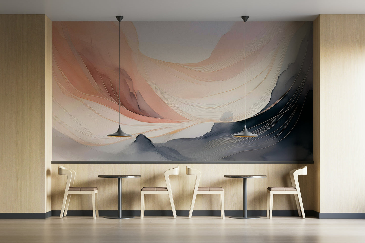 Contemporary home office featuring a calming watercolor wall decor.